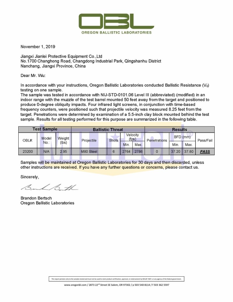 PE Ballistic Plate OBL M80 NIJ III+ 0101.06 Or NIJ 0101.07 RF1 Rated Test Report 1